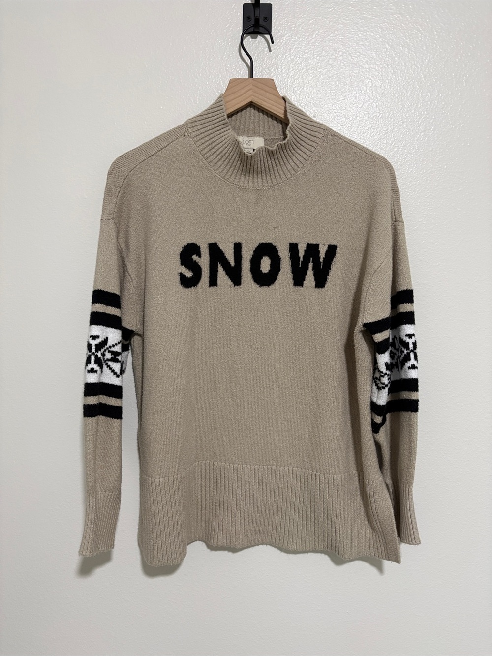 Ann Taylor LOFT Snow Graphic Fair Isle Mock Neck Pullover Sweater Tan Large
